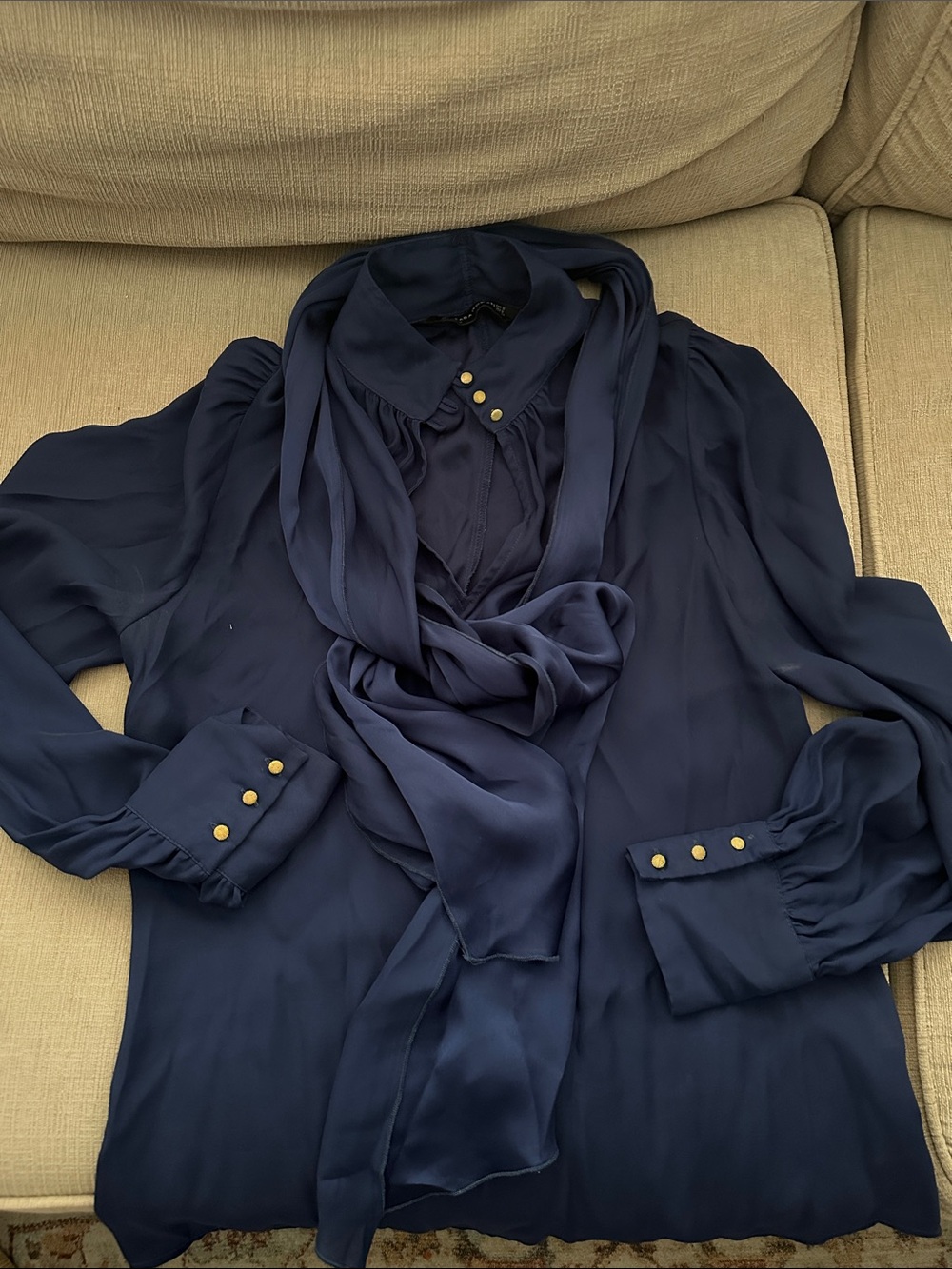 Zara blue blouse tie bow key hole S